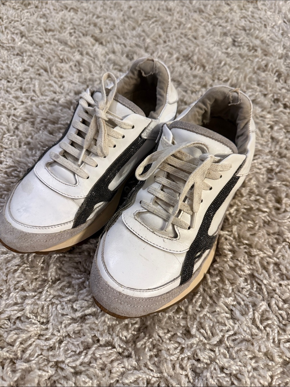 Brunello Cucinelli White and Beige Leather Sneaker size 7